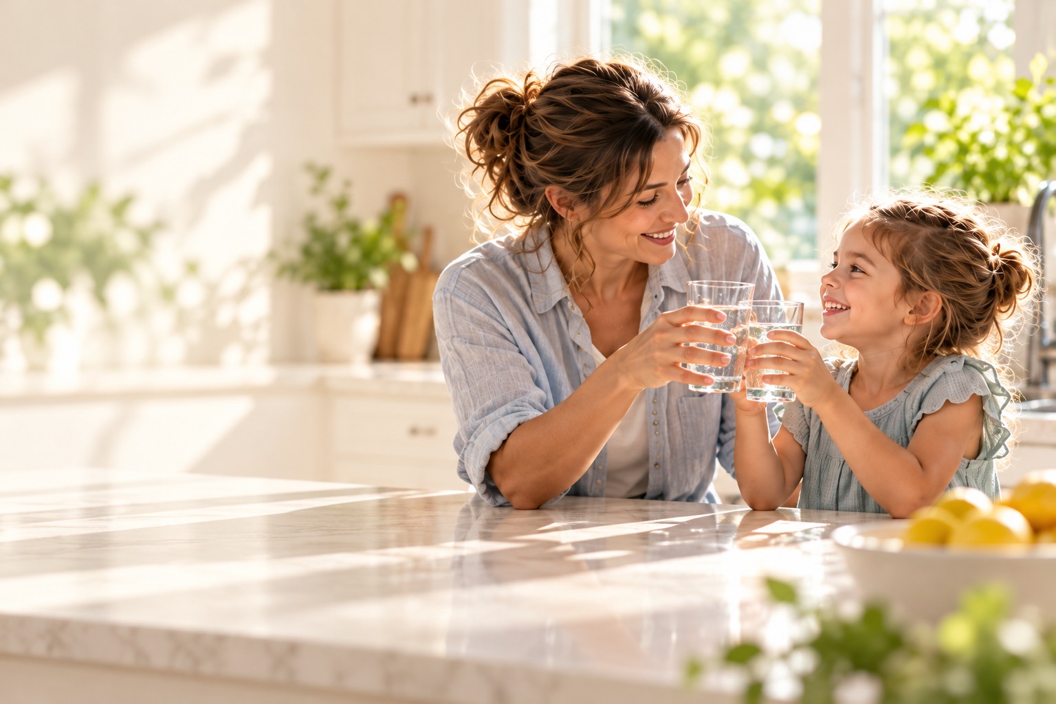 A mother and daughter holding glasses of water in a sunlit kitchen